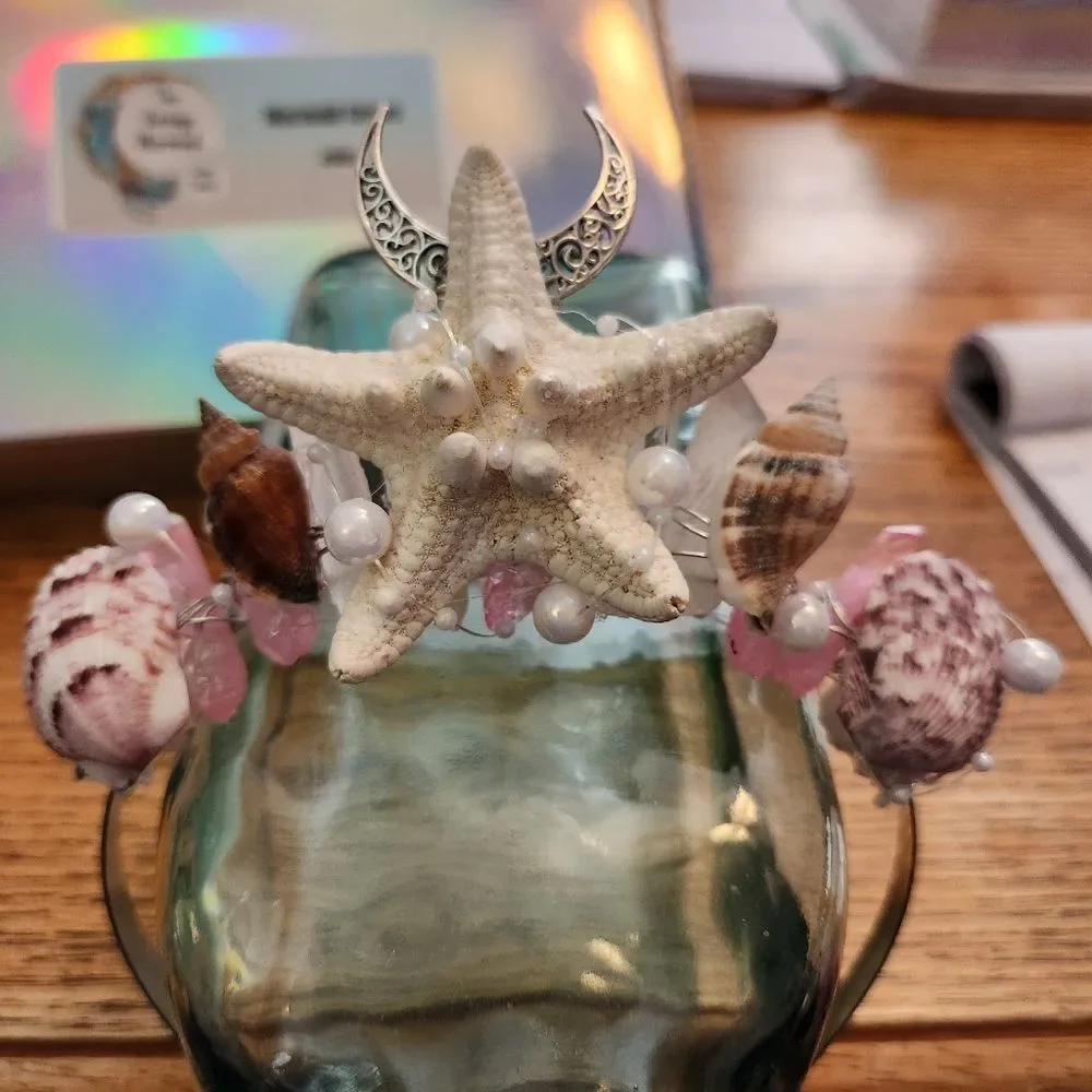 Mermaid Crown Pink & White Crystal Quarts, Shell, & Silver Moon!